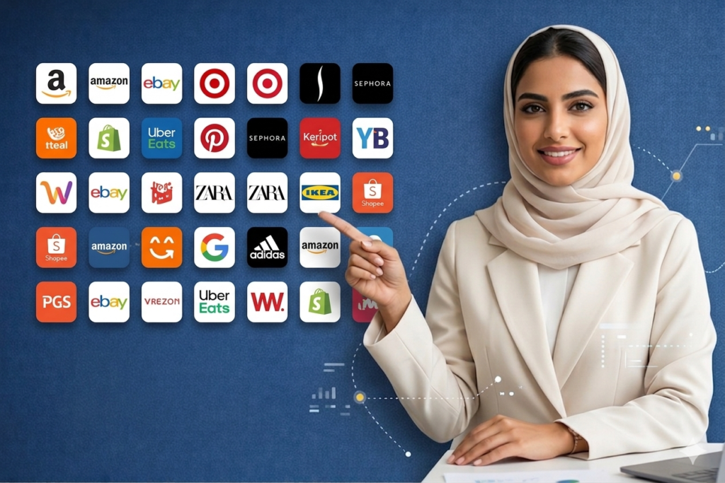سيدة عربية بزي رسمي تشير إلى مجموعة أيقونات وشعارات لمتاجر عالمية مثل أمازون وزيرا وإيكيا.